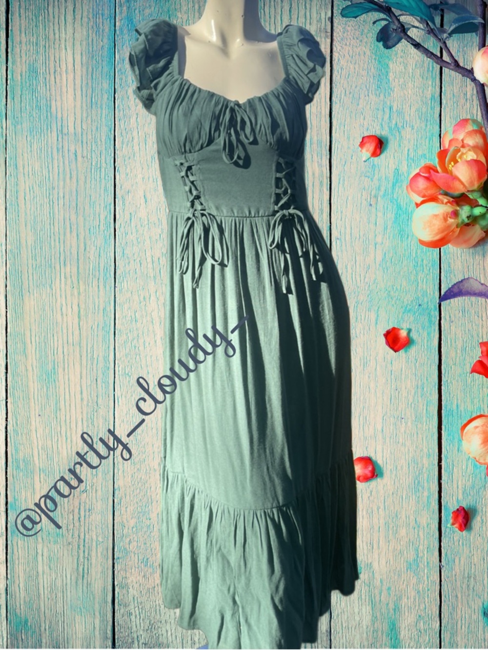 Trixxi Sage Green CottageCore Maxi Dress with Corset Tie and Ruffle Sleeves